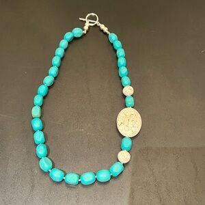 Blue and Cream Beaded Necklace with Central Accent